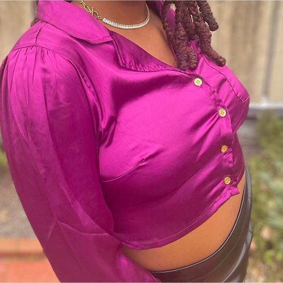 WOMENS FUCHSIA LONG SLEEVE BLOUSE W/ BACK TIE LIKE NEW SIZE SMALL - Picture 9 of 9